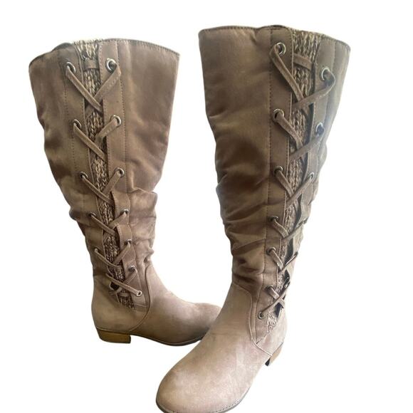 Women’s Taupe Knee High Boots 8M Side Zip Faux Suede Lace Up Riding Knit Detail - Picture 1 of 6